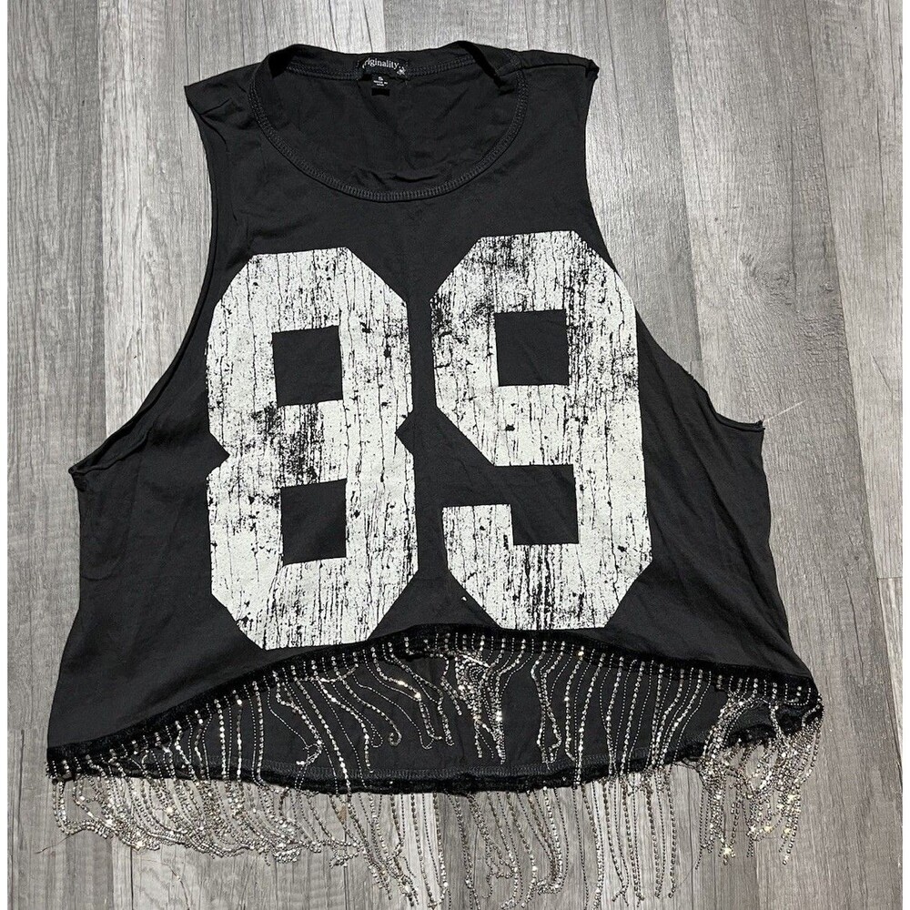 Originality Black 89 Graphic Muscle Tank Top Rhinestone Fringe Hem Small